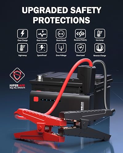 GOOLOO Jump Starter GE1200 1200A Peak 18000mAh Paquete de batería portátil para motor diésel de hasta 7.0L o 5.5L con carga rápida USB y luz LED, arranque de coche de litio de 12V