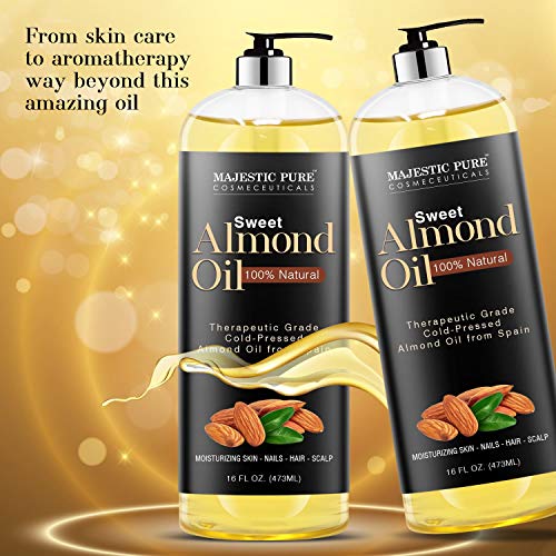 Majestic Pure Sweet Almond Oil, Super Triple A Grade Quality, 100% Pure and Natural from Spain, Cold Pressed , 16 fl oz.