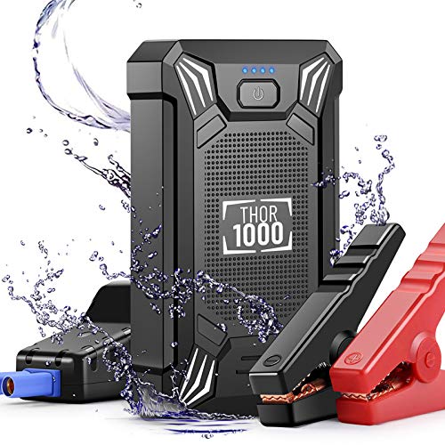 Vekkia - Arrancador de batería portátil para auto, pico de 600 A, impermeable, batería portátil de 12 V (hasta 4.0 L gas o motor diésel 2.0 L), automático, seguro, con puerto USB, abrazaderas inteligentes y linterna LED