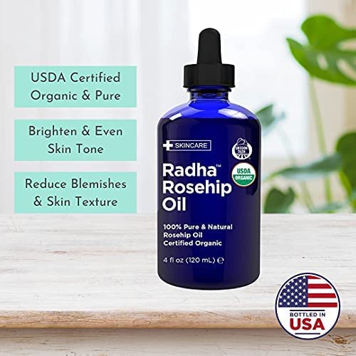 Radha Beauty USDA Certified Organic Rosehip Oil, 100% Pure Cold Pressed - Great Carrier Oil for Moisturizing Face, Hair, Skin, & Nails - 4 fl oz