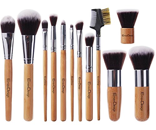 EmaxDesign Juego de 12 brochas de maquillaje profesional con mango de bambú sintético de primera calidad para base Kabuki, colorete, corrector, ojos, cara, polvo, crema líquida, cosméticos, kit con bolsa