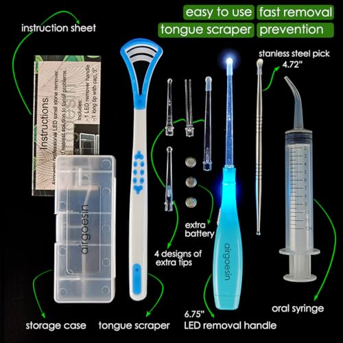 Airgoesin Herramienta profesional de eliminación de piedras de amígdalas con luz LED | Púa de tonsilolito de acero inoxidable | Jeringa de riego | Rascador limpiador de lengua