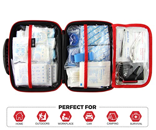 Compact First Aid Kit (228pcs) Designed For Family Emergency Care. Waterproof EVA case&Bag is Ideal for the Car,Home,boat,School, Camping, Hiking,Travel,Office,Sports,Hunting. Protect Your Loved Ones