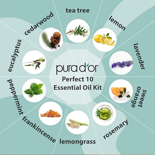 PURA D’OR Perfect 10 Essential Oil Wood Box Set 10mL USDA Organic & Pure (Tea Tree-Lemon-Lavender-Sweet Orange-Rosemary-Lemongrass-Frankincense-Peppermint-Eucalyptus-Cedarwood)