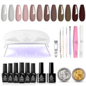 Beetles Gel Polish - Kit de esmalte de uñas en gel Beetles con luz UV, kit de inicio, colección Coffee Cafe, marrón neutro, beige, color malva, esmalte en gel, lámpara de uñas LED UV, base, capa superior de gel, bricolaje, regalo de manicura para el hogar