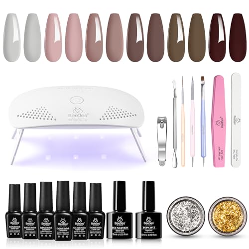 Beetles Gel Polish - Kit de esmalte de uñas en gel Beetles con luz UV, kit de inicio, colección Coffee Cafe, marrón neutro, beige, color malva, esmalte en gel, lámpara de uñas LED UV, base, capa superior de gel, bricolaje, regalo de manicura para el hogar