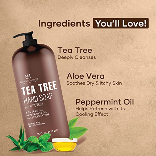 Botanic Hearth Tea Tree Liquid Hand Soap - Sulfate Free Formula - Multi Purpose Hand Wash with Aloe Vera and Therapeutic Grade Tea Tree Oil, - Pump Dispenser - 16 fl oz