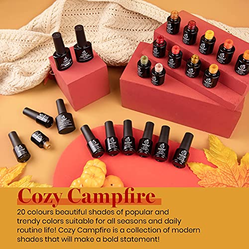 Beetles 20 Pcs Gel Nail Polish Kit-Cozy Campfire Fall Winter Orange Yellow Green Gel Nail Polish Set Colors Collection Soak Off LED Nail Lamp Base Top Coat Gel Nail Kit Christmas Thanksgiving Gifts