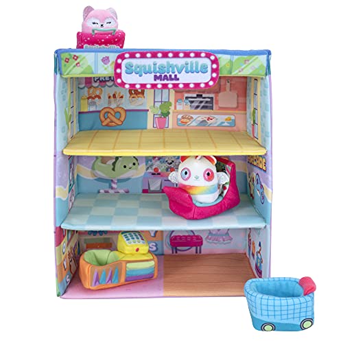 Squishville Squishmallows Mall-Dos Mini Personajes de Peluche de 2 Pulgadas, Escena de Juego temática, 4 Accesorios (Bolsa de la Compra/Carrito, Caja registradora, máquina Arcade)