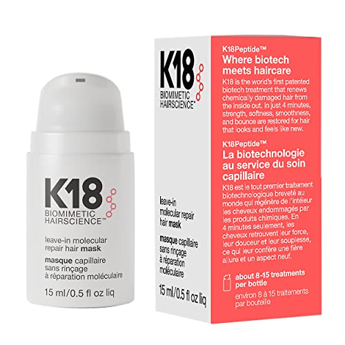 K18 Mascarilla capilar reparadora sin enjuague para reparar el cabello seco o dañado - 4 minutos para revertir el daño capilar causado por la decoloración 15 ml (paquete de 1)