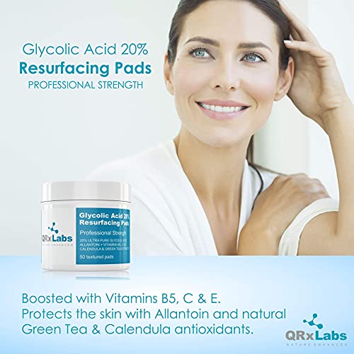 Glycolic Acid 20% Resurfacing Pads with Vitamins B5, C & E, Green Tea, Calendula, Allantoin - Exfoliates Surface Skin and Reduces Fine Lines and Wrinkles