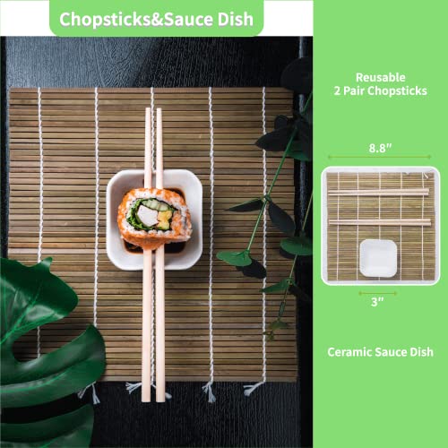 Cleanclue Cesta de vapor de bambú premium de 10 pulgadas y alfombrilla de sushi para cocinar, comida asiática (coreano, japonés, chino y tailandés) con adaptador de anillo, 20 papeles de pergamino, 2 pares de palillos, plato de salsa