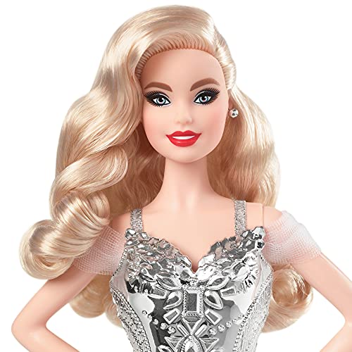 Barbie Muñeca Festiva Signature 2021 (12 Pulgadas, Cabello Rubio Ondulado) en Vestido Plateado, con Soporte para muñeca y Certificado de autenticidad, Regalo para niños de 6 años en adelante