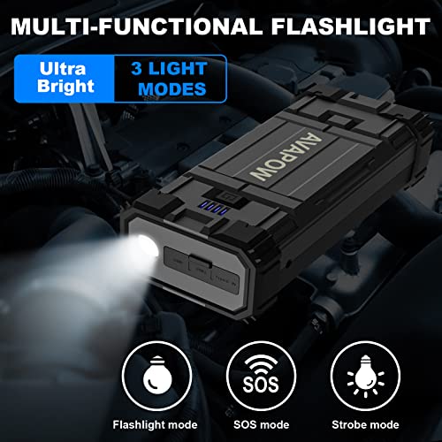 AVAPOW - Arrancador de batería de coche (para todo gas o diésel de hasta 12 l), potente arranque de batería de coche con doble carga rápida USB y salida CC, paquete de salto de 12 V con luz LED brillante integrada