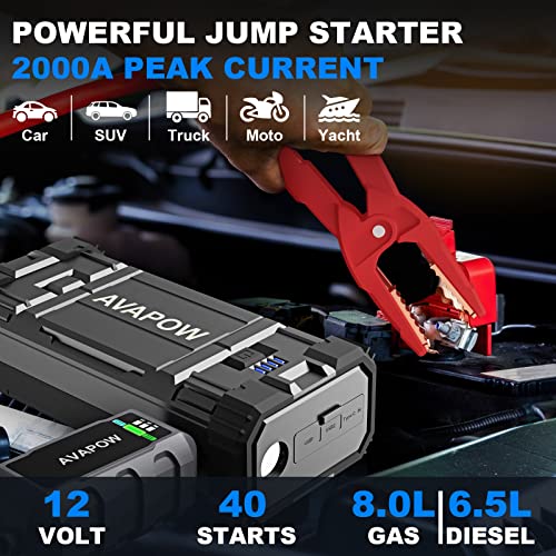 AVAPOW - Arrancador de batería de coche (para todo gas o diésel de hasta 12 l), potente arranque de batería de coche con doble carga rápida USB y salida CC, paquete de salto de 12 V con luz LED brillante integrada