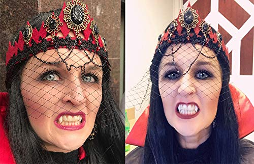 COOLJOY - 3 tamaños de dientes de colmillos de vampiro con calcomanía para Halloween, cosplay, accesorios de terror blanco, accesorios de fiesta, accesorios de máscaras, regalo