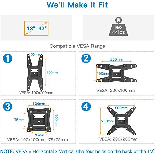 Pipishell - Soporte de pared para monitor de TV de movimiento completo, brazos articulados, giratorios, rotación de extensión para la mayoría de televisores y monitores LED LCD de 13 a 42 pulgadas, VESA máximo de 200 x 200 mm hasta 44 libras