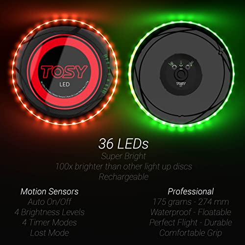 TOSY Flying Disc - 16 Million Color RGB or 36 or 360 Leds, Extremely Bright, Smart Modes, Auto Light Up, Rechargeable, Valentine Gift, Easter Basket Stuffers for Men/Boys/Teens/Kids, 175g Frisbee