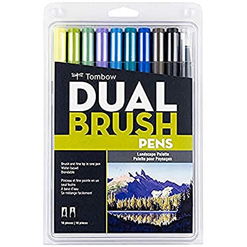 Tombow 56185 Marcadores artísticos de doble pincel, brillantes, paquete de 10. Mezclador, pincel y marcadores de punta fina