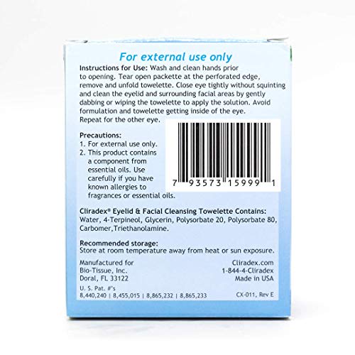 Cliradex Natural Eyelid, Eyelash, and Facial Cleansing Towelettes, Box of 24