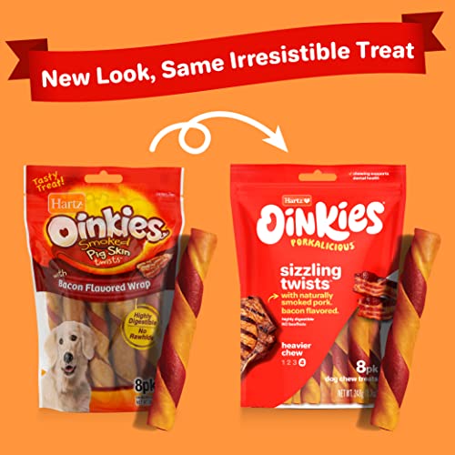 Hartz Oinkies Smoked Pig Skin Bacon Flavored Wrap Dog Treat Chews - 8 Pack