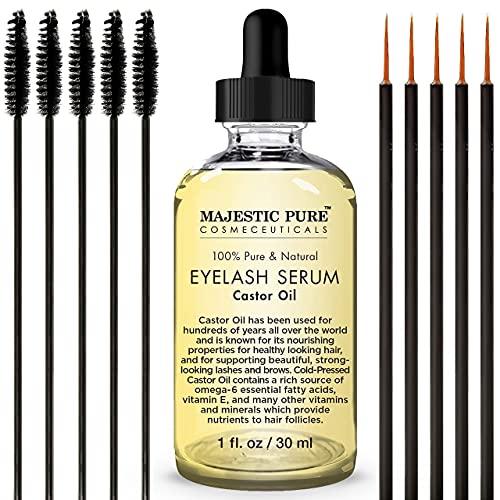 Majestic Pure Castor Oil for Eyelashes Growth Serum, Pure and Organic, Promotes Natural Eyebrows & Eyelash Growth, 1 fl oz - Free Set of Mascara Brush and Eyeliner Applicator