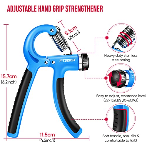 FitBeast Kit de entrenamiento fortalecedor de agarre de mano (5 unidades) de agarre de antebrazo, agarre de mano ajustable, ejercitador de dedos, ensanchador de dedos, anillo de agarre y bola de agarre para aliviar el estrés para atletas