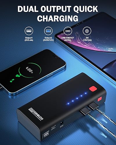 GOOLOO Jump Starter GE1200 1200A Peak 18000mAh Paquete de batería portátil para motor diésel de hasta 7.0L o 5.5L con carga rápida USB y luz LED, arranque de coche de litio de 12V