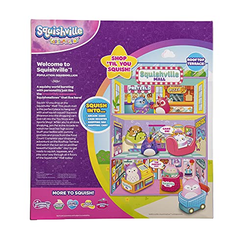 Squishville Squishmallows Mall-Dos Mini Personajes de Peluche de 2 Pulgadas, Escena de Juego temática, 4 Accesorios (Bolsa de la Compra/Carrito, Caja registradora, máquina Arcade)