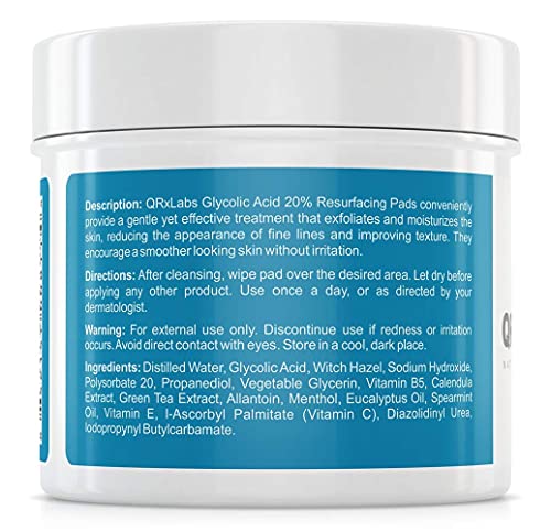 Glycolic Acid 20% Resurfacing Pads with Vitamins B5, C & E, Green Tea, Calendula, Allantoin - Exfoliates Surface Skin and Reduces Fine Lines and Wrinkles