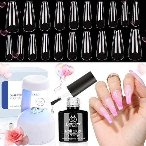 beetles Gel Polish - Kit de uñas de gel para uñas y pegamento Beetles, gel de uñas y gel base 2 en 1 con 500 piezas de puntas de ataúd y lámpara LED, kit de uñas acrílicas para manualidades, kit fácil de extensiones de uñas