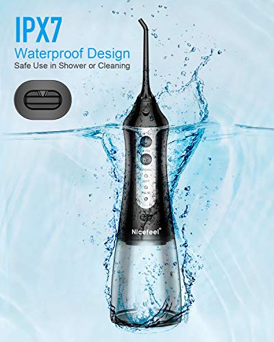 Nicefeel - Depósito de agua limpiable de 300 ml, recargable, 3 modos, irrigador oral con funda de punta para cuidado bucal