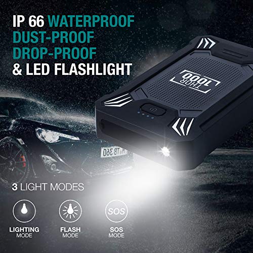 Vekkia - Arrancador de batería portátil para auto, pico de 600 A, impermeable, batería portátil de 12 V (hasta 4.0 L gas o motor diésel 2.0 L), automático, seguro, con puerto USB, abrazaderas inteligentes y linterna LED