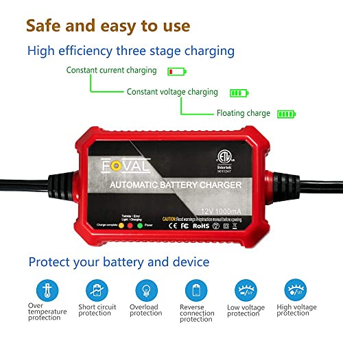 Foval Cargador de batería automático de 12 V, 1000 mA