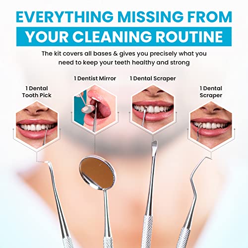 Dental Hygiene Kit - Calculus & Plaque Remover Set - Stainless Steel Tarter Scraper, Tooth Pick, Dental Scaler And Mouth Mirror.Dentist Home Use Tools (Teal)