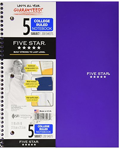 Five Star 06208 11" X 8-1/2" 5 Subject Wirebound Notebook Assorted Colors