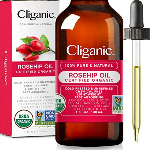 USDA Organic Rosehip Oil for Face, 100% Pure | Natural Cold Pressed Unrefined Hexane-Free | Carrier Seed Oil for Skin, Hair & Nails | Certified Organic, 1oz | Cliganic 90 Days Warranty