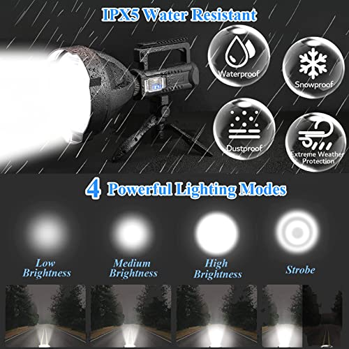 Uhanciny Linterna recargable de alto lúmenes, 150000 lúmenes, luces LED para exteriores, de mano, grande, superbrillante, potente luz flash con 4 modos, IPX6 impermeable, trípode de pie