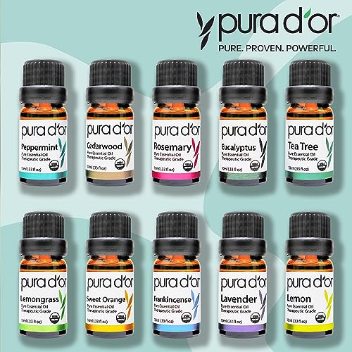 PURA D’OR Perfect 10 Essential Oil Wood Box Set 10mL USDA Organic & Pure (Tea Tree-Lemon-Lavender-Sweet Orange-Rosemary-Lemongrass-Frankincense-Peppermint-Eucalyptus-Cedarwood)