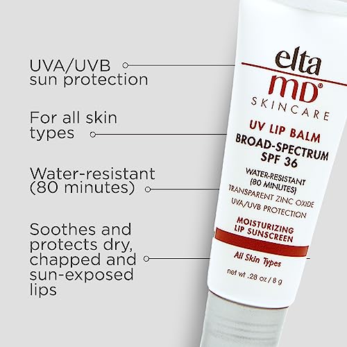EltaMD bálsamo labial UV con protección solar de amplio espectro SPF 31, resistente al agua, fórmula de óxido de zinc a base de minerales recomendada por dermatólogos, 0.28 onzas