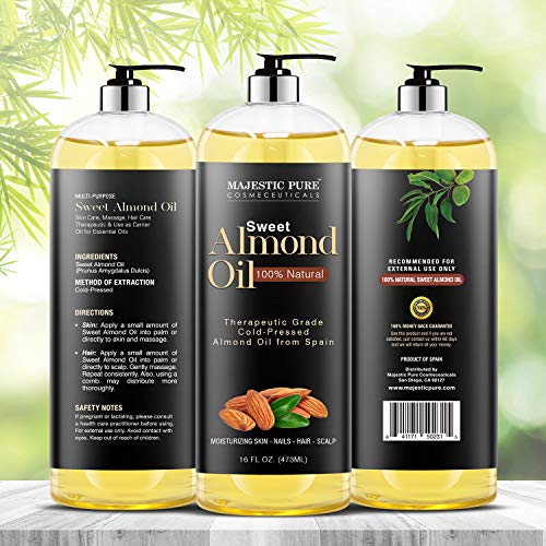 Majestic Pure Sweet Almond Oil, Super Triple A Grade Quality, 100% Pure and Natural from Spain, Cold Pressed , 16 fl oz.