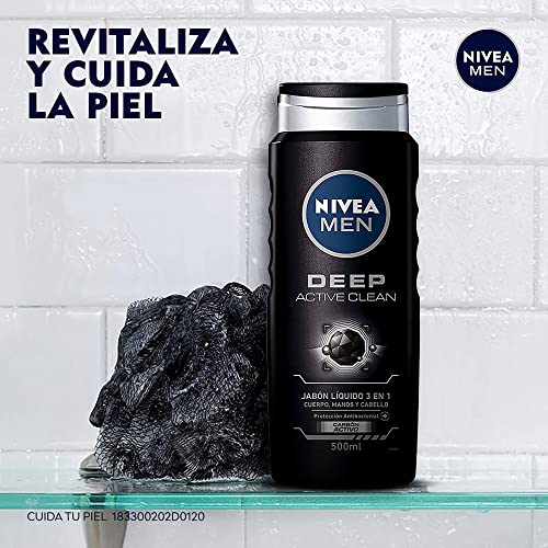 NIVEA MEN Jabón Líquido Corporal 3 en 1 para Cuerpo, Rostro y Cabello, Active Clean Body Wash Antibacterial, 500 ml