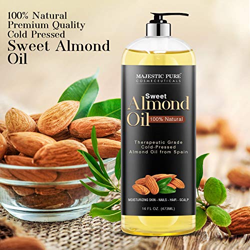 Majestic Pure Sweet Almond Oil, Super Triple A Grade Quality, 100% Pure and Natural from Spain, Cold Pressed , 16 fl oz.