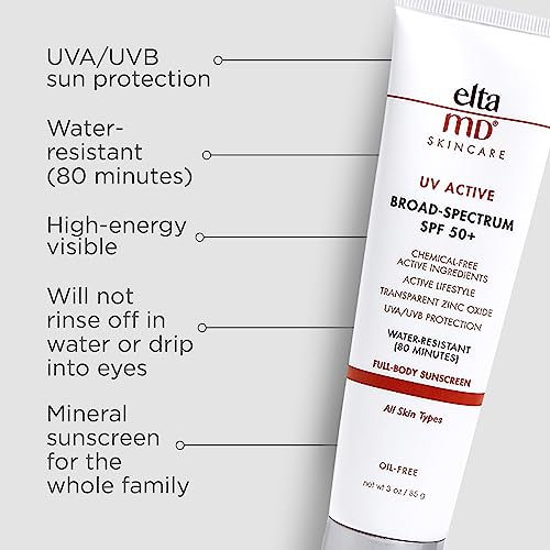 EltaMD UV Active Mineral Sunscreen Lotion Broad-Spectrum SPF 50+, Water-Resistant, Oil-Free, Non-Greasy, Full Body Sunscreen 3 fl. oz.