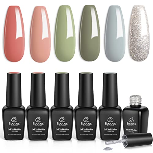 Beetles SOUTHERN BELLE Glitter Nude Gel Polish Set - 6 Colors Coral Green Light Blue Gel Polish Kit Soak off nail Lamp Nail Polish Gel Base and Top Coat Needed Starter Varnish Salon Design Gift Set