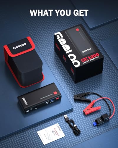 GOOLOO Jump Starter GE1200 1200A Peak 18000mAh Paquete de batería portátil para motor diésel de hasta 7.0L o 5.5L con carga rápida USB y luz LED, arranque de coche de litio de 12V