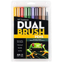 Tombow 56185 Marcadores artísticos de doble pincel, brillantes, paquete de 10. Mezclador, pincel y marcadores de punta fina