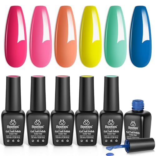 Beetles Gel Nail Polish Set - Pool Party Collection 6 Colors Turquoise Purple Blue Pink Neon Gel Polish Kit Rainbow Yellow Green Nail Gel Polish Soak Off LED Lamp DIY Home Salon Nail Art Gift