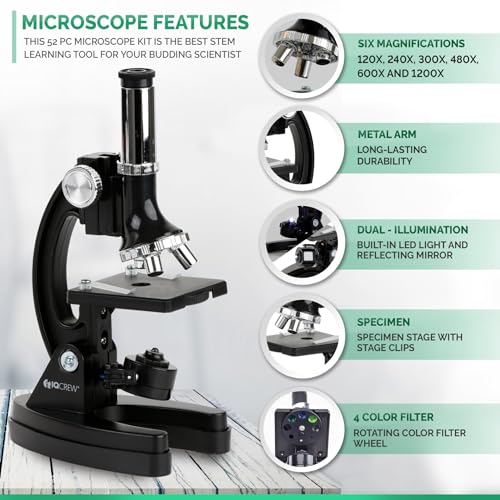 AmScope 120X-1200X 52 Piezas de microscopio para Principiantes para niños con microscopio de Cuerpo de Metal, Diapositivas de plástico, luz LED y Caja de Transporte