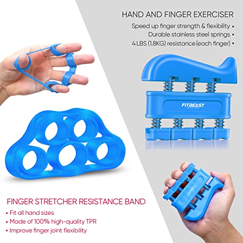 FitBeast Kit de entrenamiento fortalecedor de agarre de mano (5 unidades) de agarre de antebrazo, agarre de mano ajustable, ejercitador de dedos, ensanchador de dedos, anillo de agarre y bola de agarre para aliviar el estrés para atletas